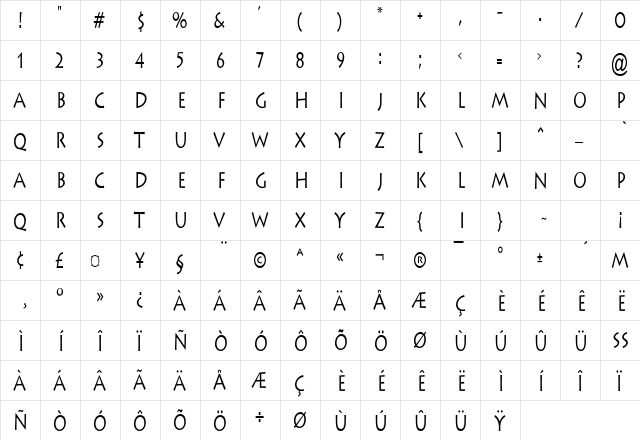 Liste Thin Normal  glyph index