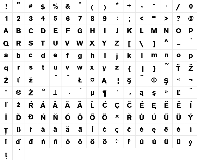 AcciusTEE Bold  glyph index