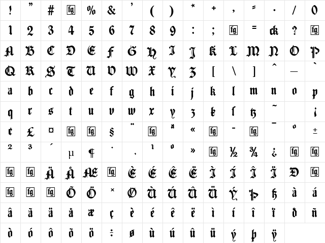 Traditio AH Regular  glyph index