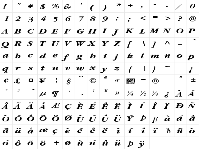 GarnetBroad BoldItalic  glyph index