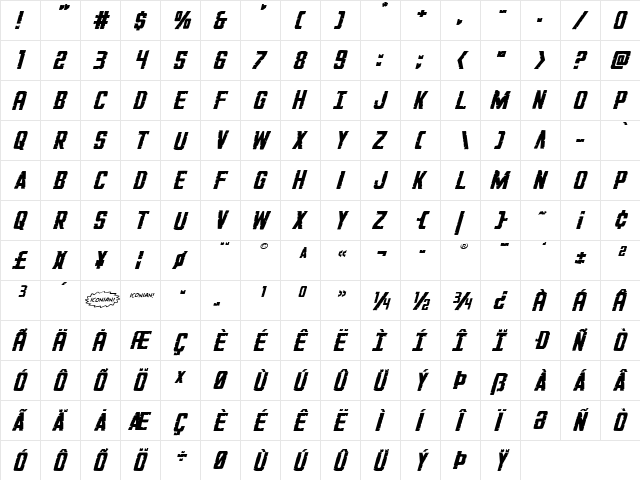 G.I. Incognito Expanded Italic Expanded Italic  glyph index