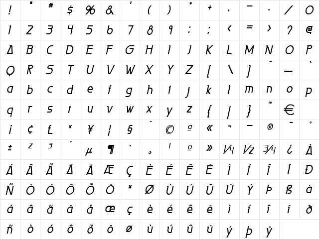 PersiaCondensed BoldItalic  glyph index