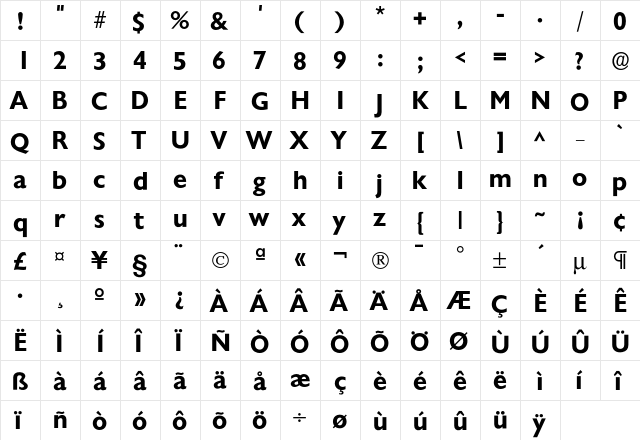 Chantilly-DemiBold Regular  glyph index