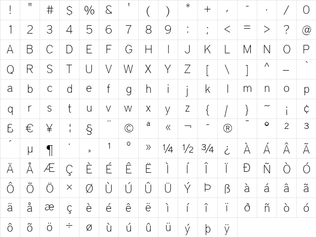 DistrictThin Regular  glyph index