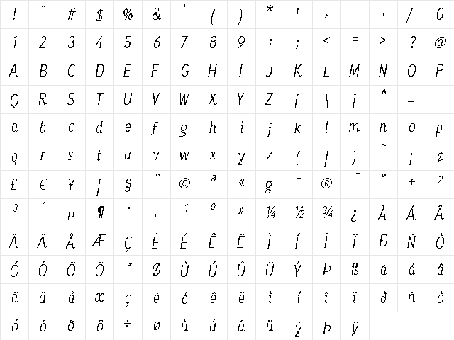 Ayumi Pro Italic  glyph index