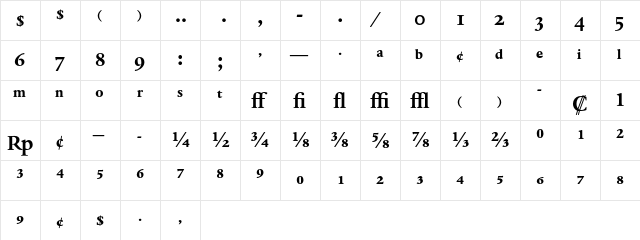 Dante MT Bold Expert  glyph index