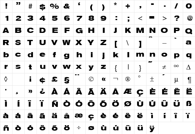 AkzentExtended Bold  glyph index