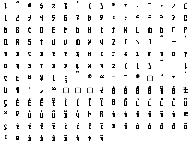 Manga Bold  glyph index