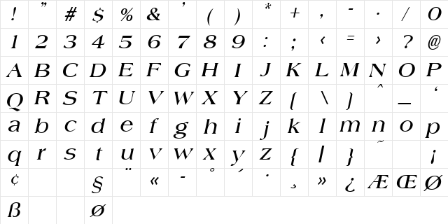 Jade Italic  glyph index
