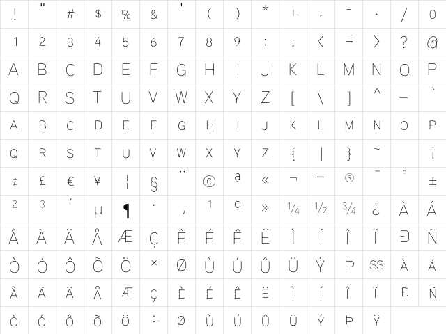 Aaux ProThin SC Regular  glyph index