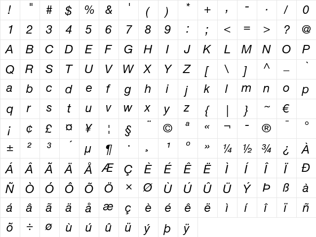 Helvetica Neue LT Pro 56 Italic  glyph index