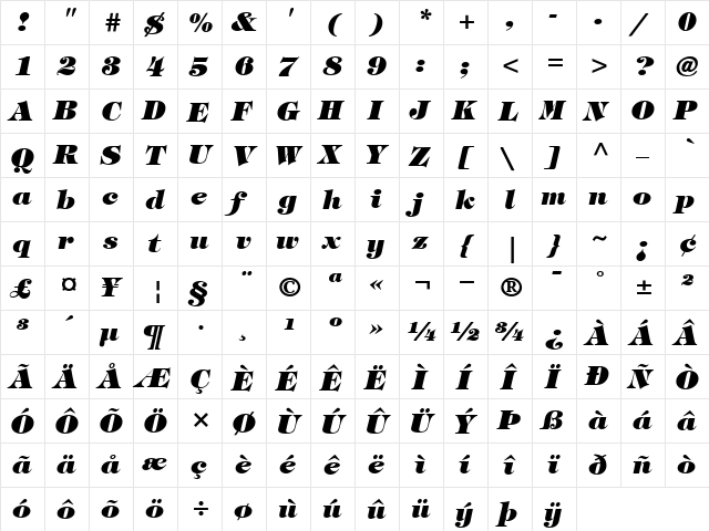 ITCTiffany-Heavy HeavyItalic  glyph index