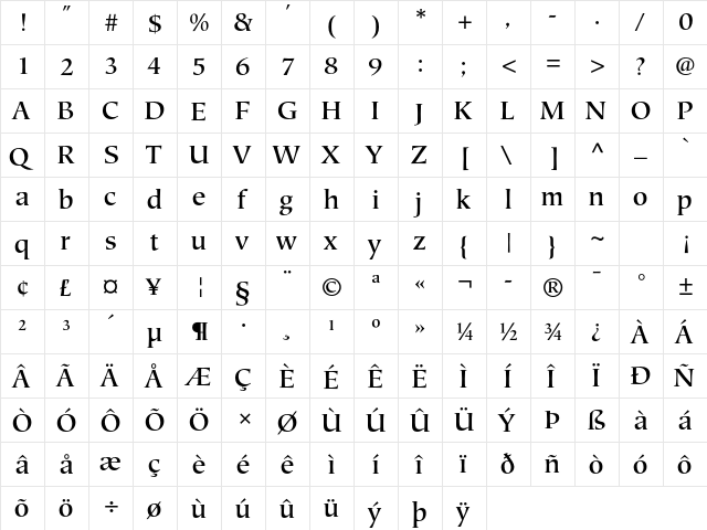 Mariposa Std Medium  glyph index