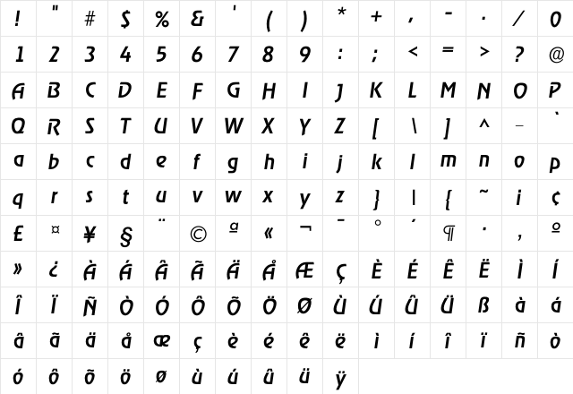 Iragtime Medium  glyph index