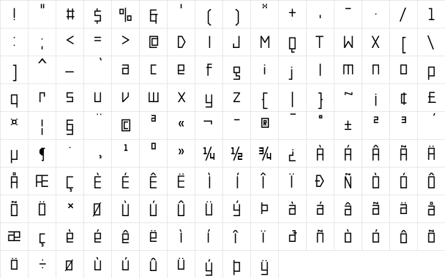 PF Online Two Pro Single  glyph index