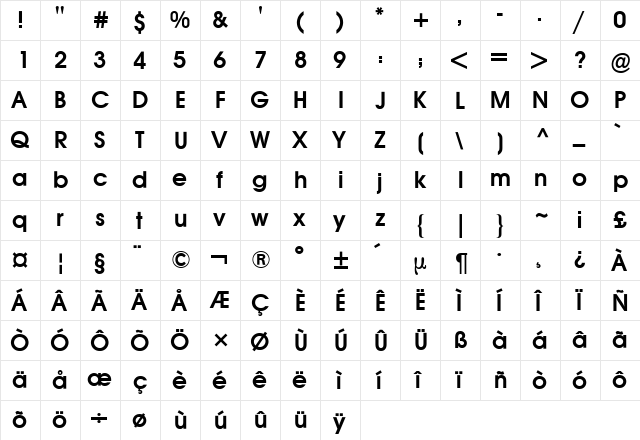 Avant Garde 2 BQ Roman  glyph index