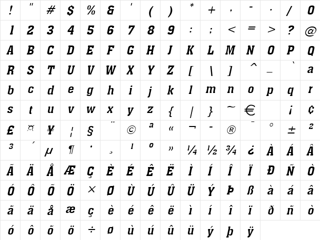Ache Italic  glyph index