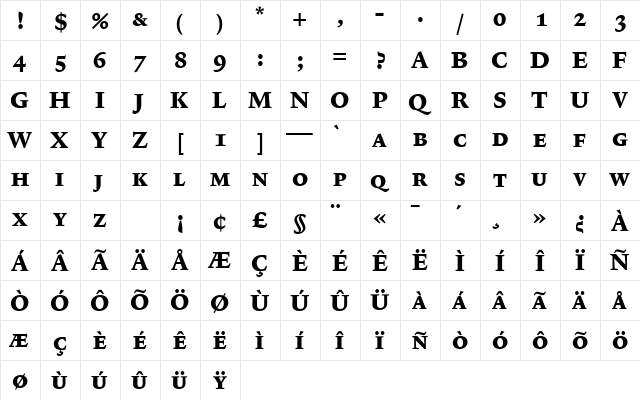 Lexicon No1 Roman E Exp  glyph index
