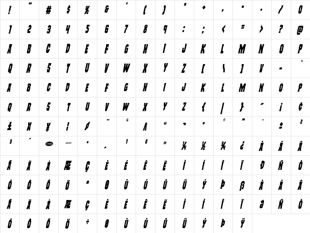 Freakfinder Condensed Italic Condensed Italic  glyph index