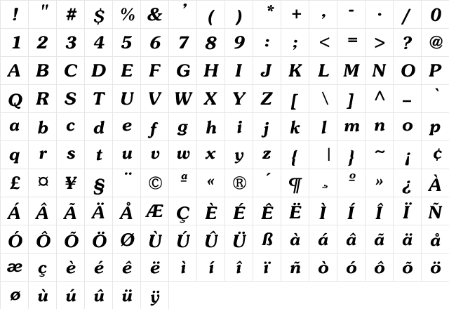 Souvenir-Light-BoldItalic Regular  glyph index