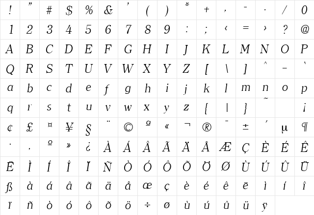 Clearface-Serial-Light RegularItalic  glyph index