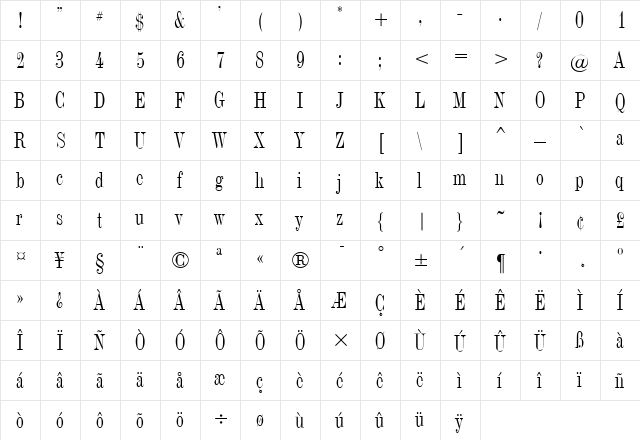 TorinoModern Regular  glyph index