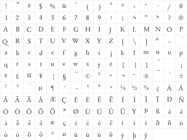 DTCGaramondM14 Regular  glyph index