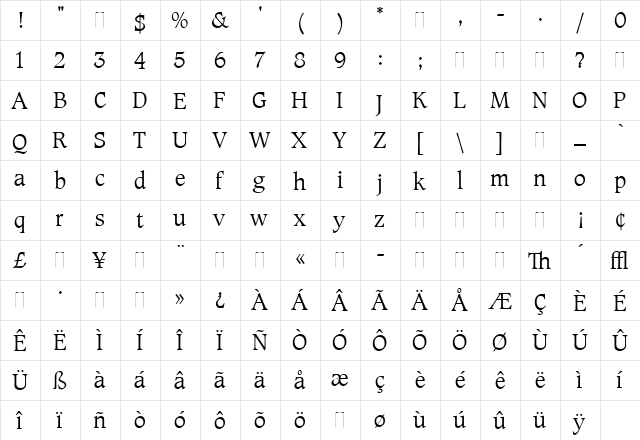 Caxton Roman Light Regular  glyph index