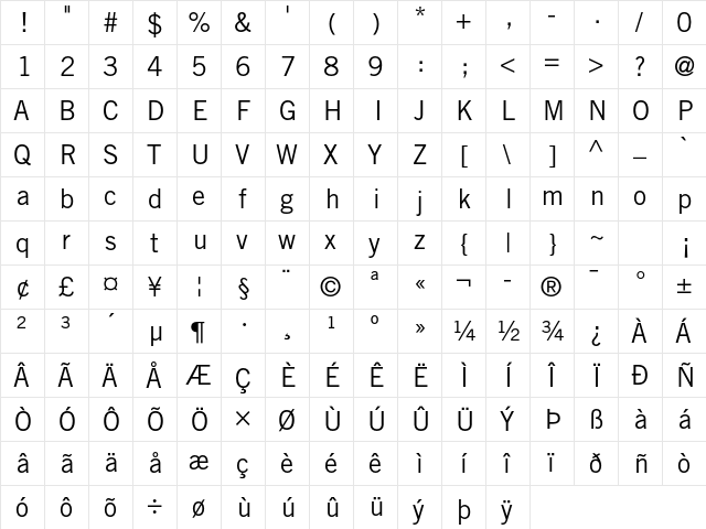 Trade Gothic LT Std Regular  glyph index