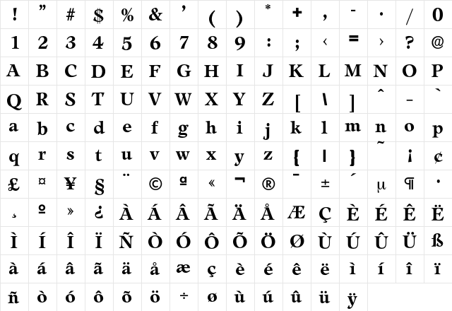 Leamington-Bold Regular  glyph index