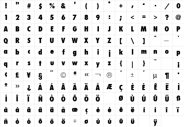 Futura Condensed Extra Bold Regular  glyph index