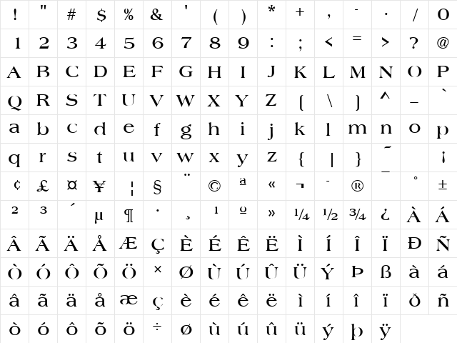 Americana Becker Bold  glyph index