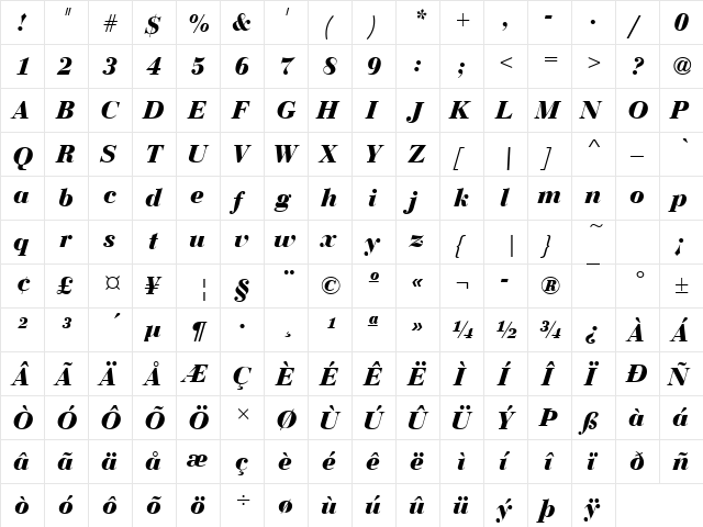 Bedini Bold Italic  glyph index