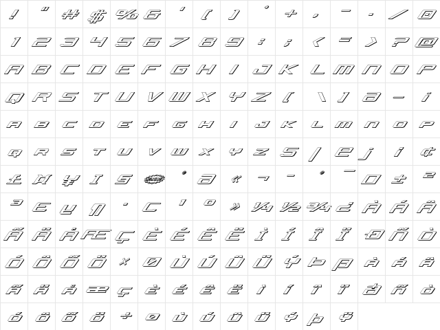 Concielian Jet 3D Italic Italic  glyph index