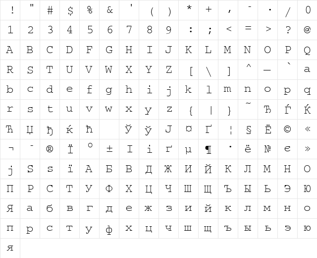 CourierMCY Regular  glyph index