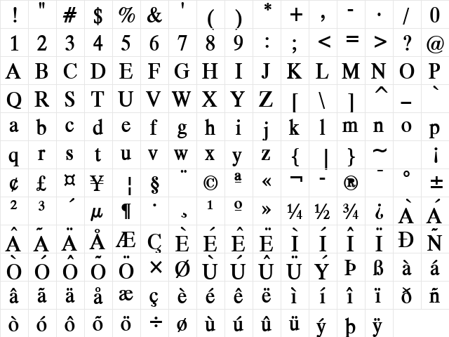 Duke Wide Bold  glyph index