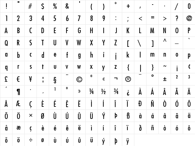 Futura LT Condensed  glyph index