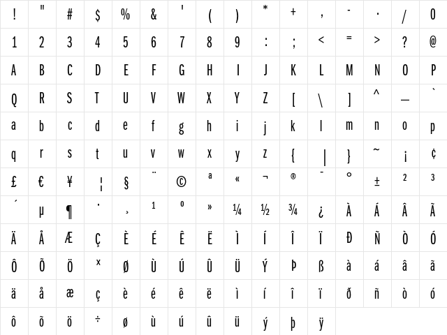 ITC Franklin Gothic LT Book Extra Compressed  glyph index