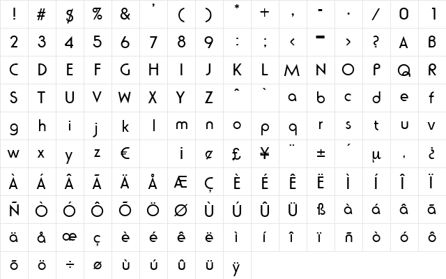 Poppea Regular  glyph index