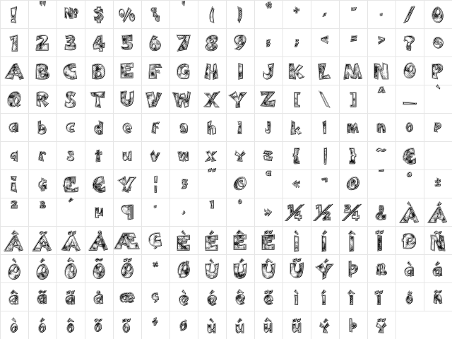 PeeKnuckle 'Textur3d' Regular  glyph index