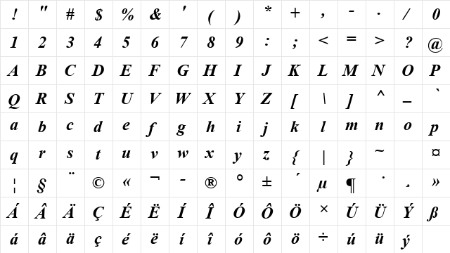 Times New Roman CE Bold Italic  glyph index