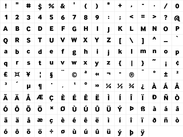 InterFace DaMa Lt Bold  glyph index