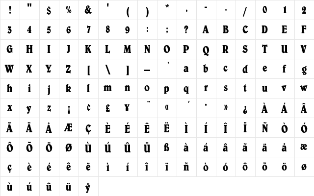 BelweEF-BoldCondensed Regular  glyph index