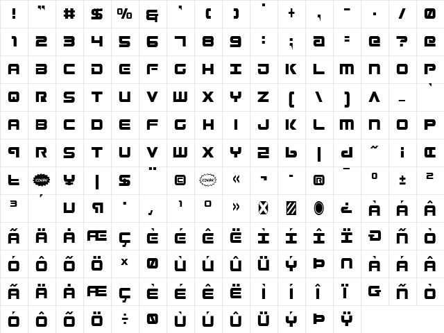 Gunship Condensed Condensed  glyph index