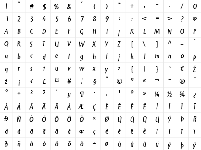 Markin LT Regular Italic  glyph index