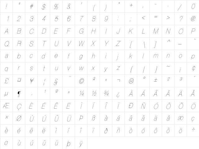 HelveticaCndObl-Thin Regular  glyph index