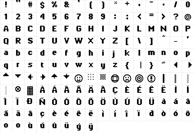 Fruity fonts Bold  glyph index