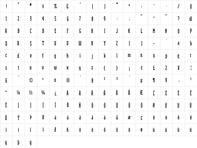 ModulaSerifBold Regular  glyph index