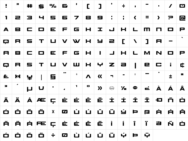 Classic Cobra Extra-Condensed Extra-Condensed  glyph index