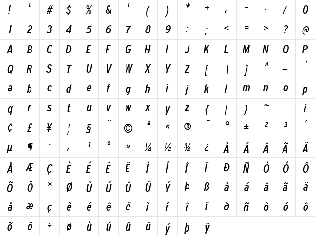 Expressway Condensed Italic  glyph index